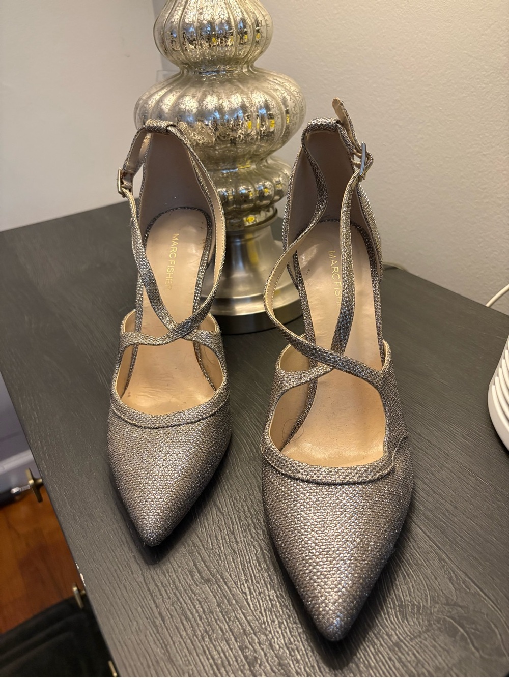 Marc Fisher Crisscross Metallic Pointed-Toe Pumps in Silver